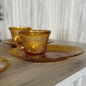 Vintage Tiara Amber Glass Cup and Saucer Set of Four